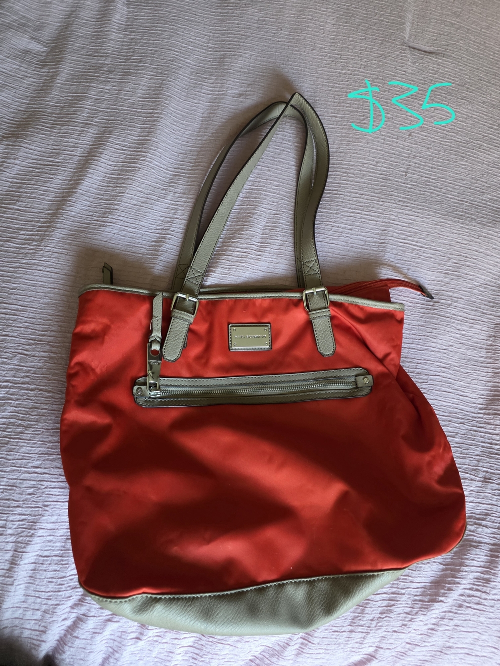 Dana Buchman Red Nylon Tote with Taupe Trim